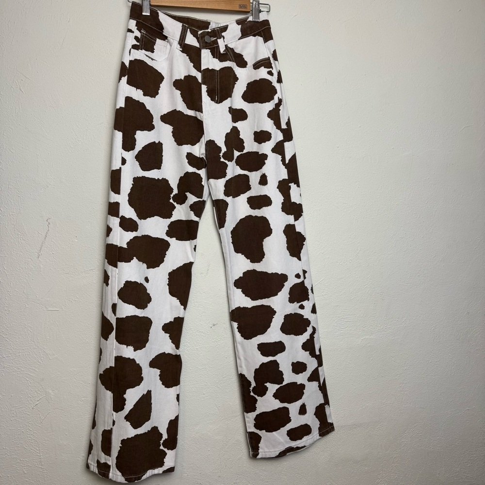 Cow Print High Rise Wide Leg Denim Jeans‎